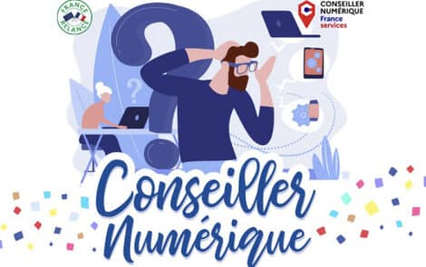 Illustration de deux personnes utilisant et s'interrogeant à propos des outils numériques.