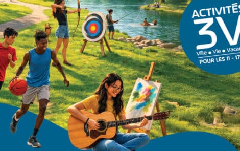 Des jeunes faisant des activités : guitare, football, tir à l'arc, pêche et baignade.