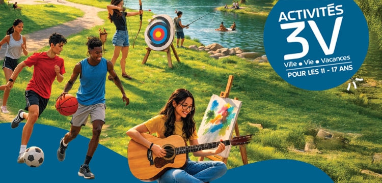Des jeunes faisant des activités : guitare, football, tir à l'arc, pêche et baignade.
