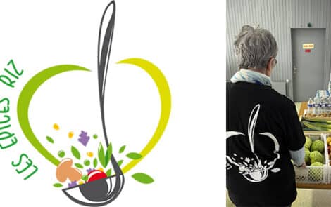 Logo Les Épices Riz, suivi d'une photo d'un étal de produits alimentaires.