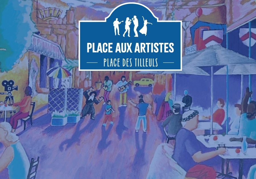 Illustration d'une place animée avec des passants, des musiciens et des clients assis en terrasse.