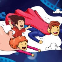 Des parents super-héros et leur enfant heureux volent dans le ciel.