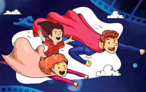 Des parents super-héros et leur enfant heureux volent dans le ciel.