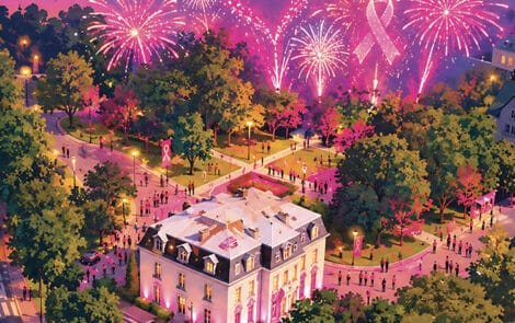 vu aérienne d'un feu d'artifice rose aux abords de la Mairie.