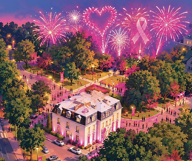 vu aérienne d'un feu d'artifice rose aux abords de la Mairie.