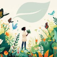 Femme debout dans un champ fleuri, entourée de papillons virevoltants.