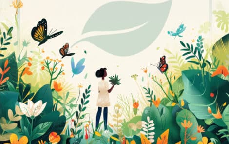 Femme debout dans un champ fleuri, entourée de papillons virevoltants.