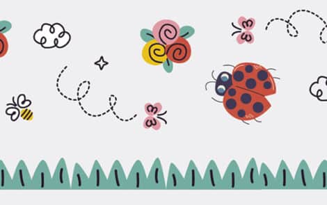 Illustration de fleurs, de papillon, et d'une coccinelle.