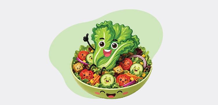 Illustration d'une salade composée dont les ingrédients sont heureux.