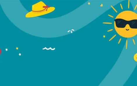 Un soleil souriant portant des lunettes, une glace, une paire de tong, un chapeau et un ananas.