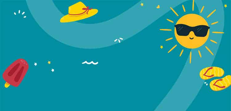 Un soleil souriant portant des lunettes, une glace, une paire de tong, un chapeau et un ananas.