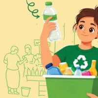 Une femme pose des bouteilles en plastique dans un bac.