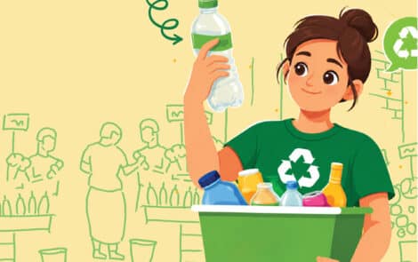 Une femme pose des bouteilles en plastique dans un bac.