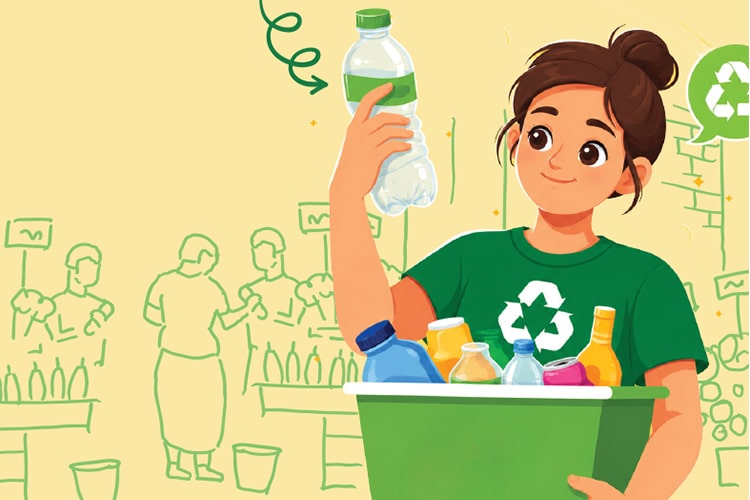 Une femme pose des bouteilles en plastique dans un bac.