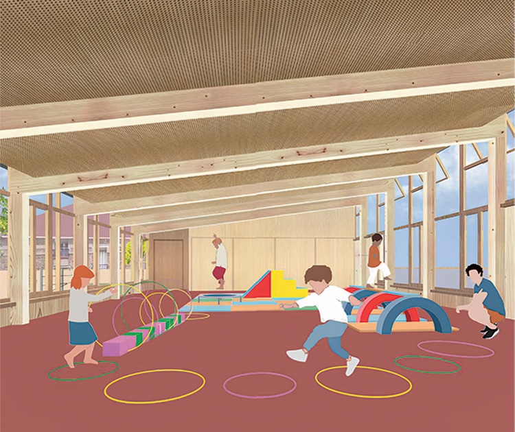 Esquisse d'une salle de récréation aménagée.